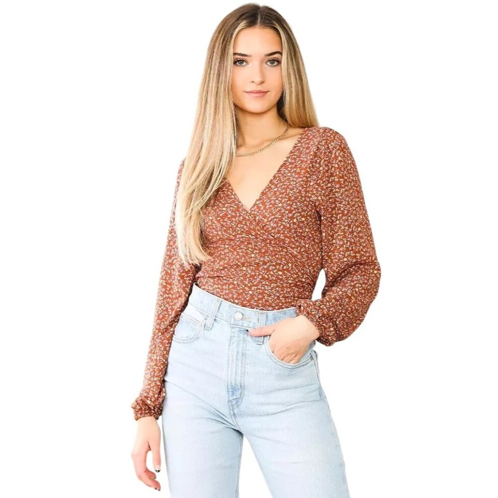 Willow Root Floral Wrap Top Size Medium Long Sleeve Rust Multicolor Bohemian